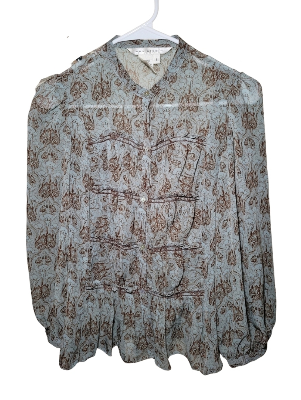 Max Studio Sz Sm Women's Paisley Print Long Sleeve Blouse Sheer Light Blue Boho